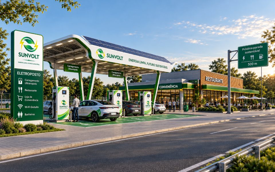 Eletroposto SunVolt com cobertura solar, conveniência e restaurante