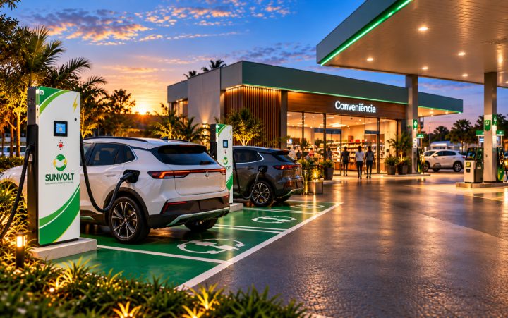 Eletroposto SunVolt com recarga rápida em posto de combustível com loja de conveniência